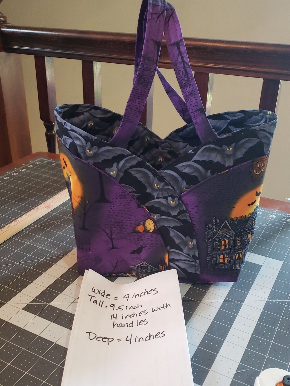 Purple Halloween Bat-Print Tote Bag with Haunted House Design HALLOWEEN